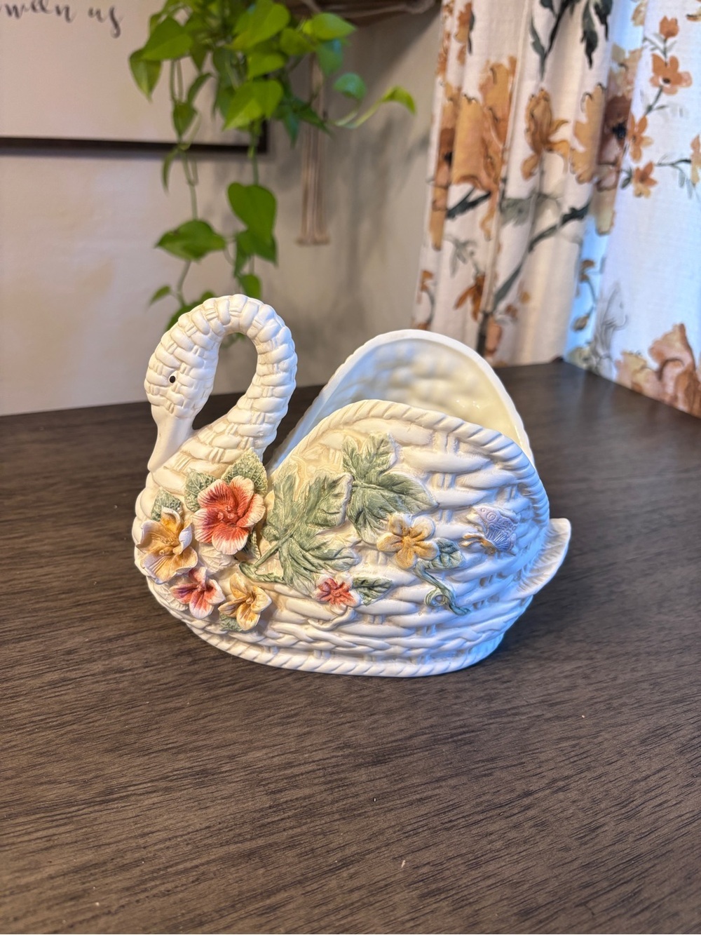 Vintage White Swan Planter with Hand-Painted Floral Accents Cottagecore